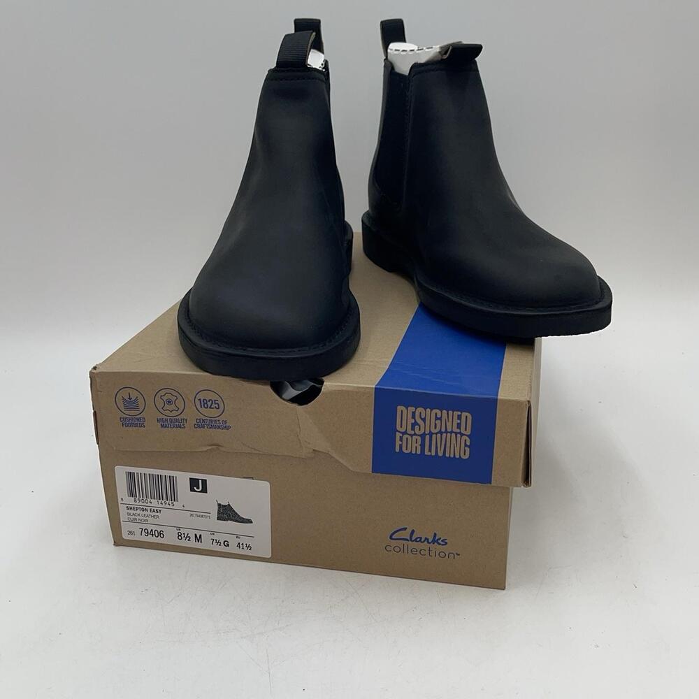 Clarks Shepton Easy Boots Mens Black Leather Chelsea Ankle Pull On Size 8.5
